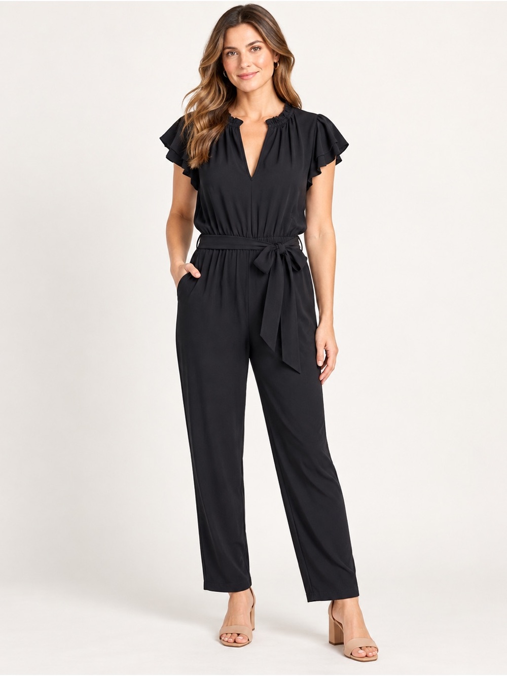 Evereve Black Asymmetrical Wrap Jumpsuit with Ruffle Sleeves